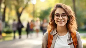 A woman with glasses and a backpack is smiling standing in a park