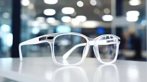 A pair of white glasses with clear lenses on a white table