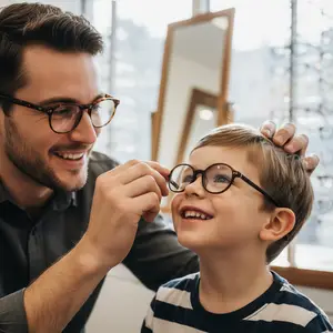 Man adjusting glasses on a young boy's face