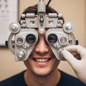 A man wearing a black shirt is getting his eyes examined