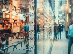 A display of various colored eyeglasses in a shop window
