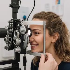 Woman undergoing an eye exam smiling