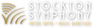 Stockton Symphony logo with a wave pattern, featuring Peter Jaffe as Music Director