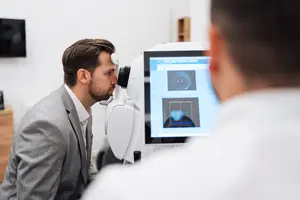 A man is looking into an eye examination machine while a doctor looks at a monitor