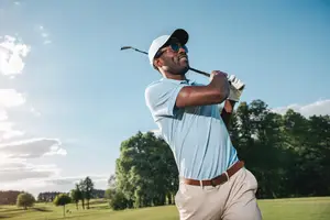 A male golfer wearing sunglasses and a cap swings his golf club on a golf course with trees in the background.