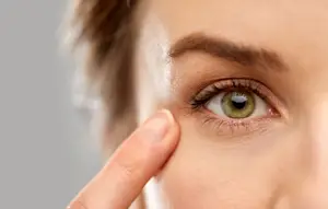 Close up of a woman's face with her hand touching her eye