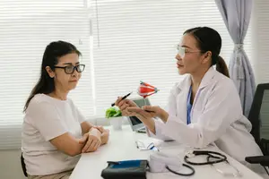 An adult female doctor is explaining something to a woman patient using a 3D model in a clinic.