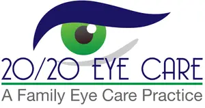 20/20 Eye Care: A Family Eye Care Practice logo featuring a stylized eye with a green iris and blue eyelid, set against a white background.