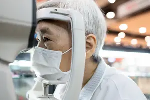 An older man wearing a mask is looking into an eyeglass machine