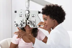 An optometrist is examining a woman's eyes with an ophthalmoscope