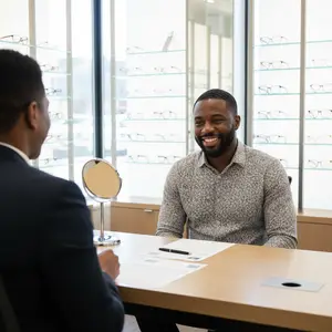 Two men are having a conversation at a desk with a mirror and papers. One man is wearing a suit and the other is wearing a gray shirt. Behind them are shelves with glasses on display. The man in the suit is looking at the man in the gray shirt, who is smiling.