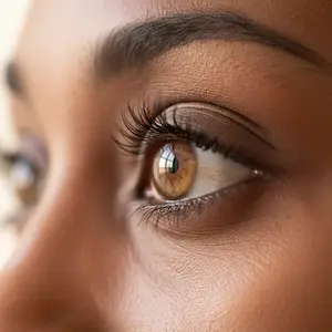 Close up of woman's eye with eyelashes and iris visible