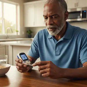 Man sitting in a kitchen using a blood glucose meter