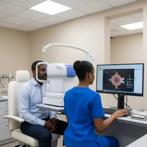An optometrist examines a patient's eye while sitting at a computer with a monitor displaying an eye image