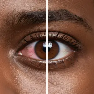 A split image showing one eye with blood vessels and the other without, likely illustrating a medical condition or treatment effect.