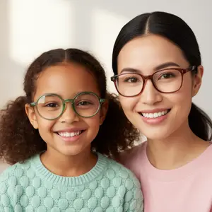 A young girl and an adult woman are both wearing glasses and smiling for a photo.