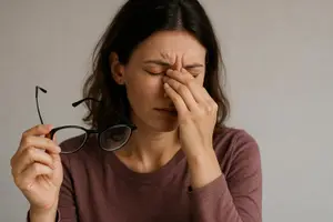 A woman with her eyes closed holding a pair of glasses