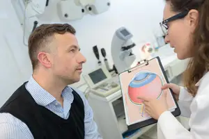 A doctor shows a diagram of an eye to a patient in an exam room