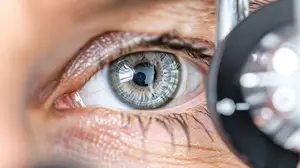 Close up of an eye being examined by an optometrist using a slit lamp.