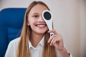 A young girl with long blonde hair is holding a white eyeglass tester in her right hand and smiling while looking at it. She is wearing a white blouse with a blue chair behind her. She seems to be in an optometrist's office.