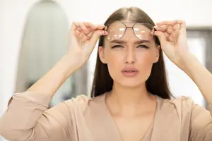 A woman holding glasses and squinting her eyes, probably in a room.