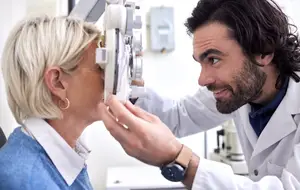 A man adjusting a woman's eye with an eye examination machine