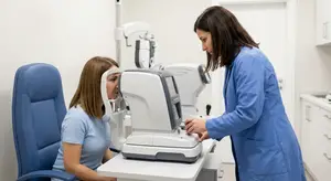 A female patient getting her eyes checked by an eye doctor in a white coat.