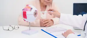 An eye doctor examines a model of an eye with a pen while a patient sits nearby.