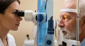 An older man having his eyes examined by a woman in a lab coat