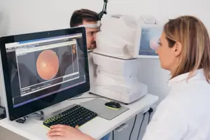 An eye doctor examines a patient's eyes using a machine and computer screen.