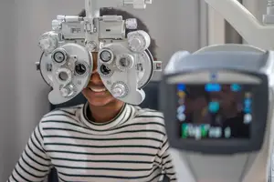 A young girl with curly hair is sitting in front of an eye exam machine, smiling and looking at the camera.