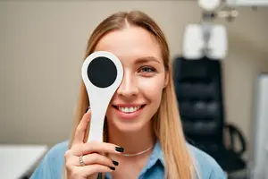 A smiling woman with long blonde hair is wearing a blue shirt and a necklace. She is holding a white object, which is probably a magnifying glass, in front of her face. She is probably at an optometrist's office. Behind her is a blurry image of a black chair and a white wall.