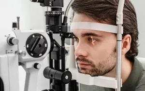 An adult man is having an eye exam in a clinic.