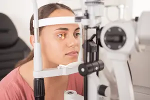 A woman is having her eyes examined by an optometrist using a device.