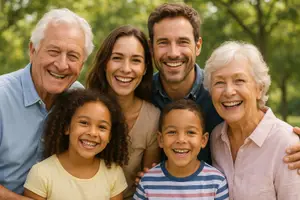 A family of four generations together in Osprey florida smiling for a picture in a park. The older couple and their two children are standing together and smiling for the camera.