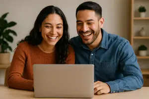 A man and a woman smiling while looking at a laptop on a table