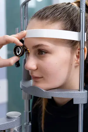 A woman is getting her eye checked by a doctor in an ophthalmological clinic