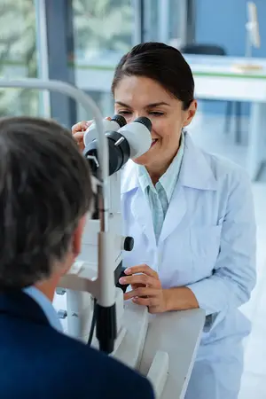 A woman in a white lab coat is examining a man's eyes with a magnifying glass.
