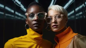 Two women with yellow turtlenecks and clear glasses posing for a photo