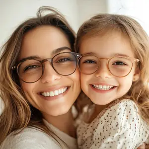 A woman and a young girl wearing glasses and smiling for a photo