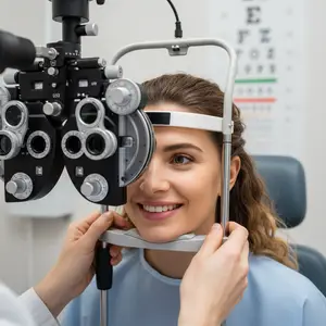 Close up of a smiling woman having her eyes examined in an optometrist's office
