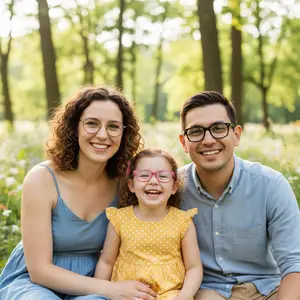 A mother, father, and daughter all wearing glasses sitting together in a field with trees in the background.