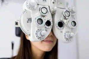 A woman is having an eye exam using an ophthalmoscope device