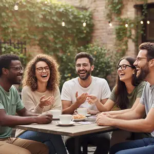 A group of young adults are sitting around a table at a coffee shop, smiling and laughing.