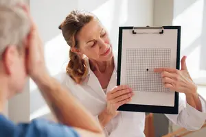 An elderly man with his eyes closed is being examined by a doctor who is holding a clipboard and pointing at a chart.