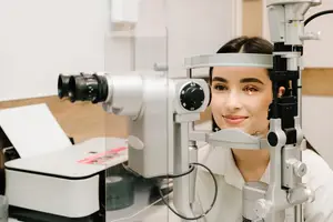Woman looking into an eye exam machine while smiling