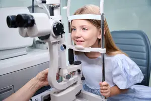 A young girl is having her eyes examined by an optometrist in an ophthalmology clinic.