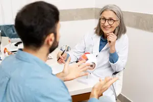 Woman doctor explaining to a patient using a model of an eye
