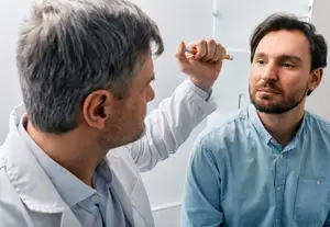 Doctor holding a pen in front of a man's eye, possibly examining the eye's condition