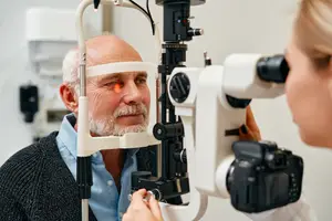 An elderly man getting an eye exam in an optometrist's office